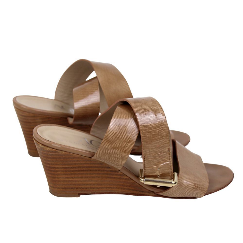 AGL BEIGE GENUINE PATENT LEATHER OPEN TOE MIDDLE HEEL WEDGE SHOES SIZE 36 1/2